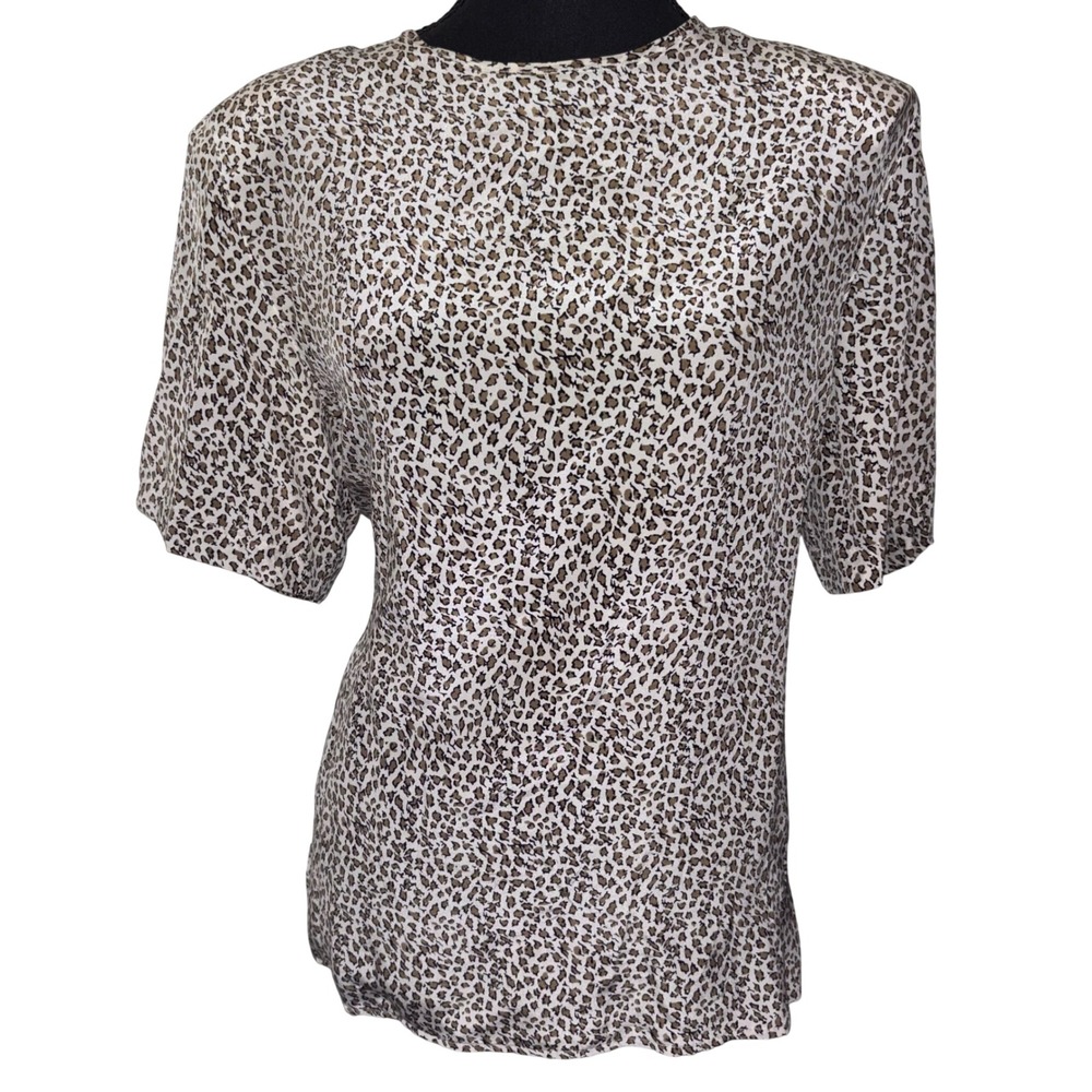 Christie & Jill‎ Women Large Tan Leopard 100% Silk Vintage Blouse Mob Wife